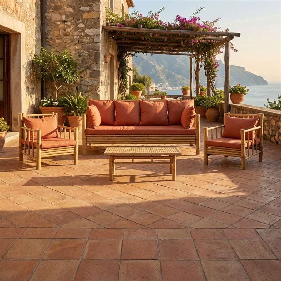 Set da giardino in legno di bambù con cuscini terra inclusi - Yasmin